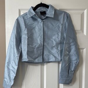 Vici Blue Satin Cropped Button Up